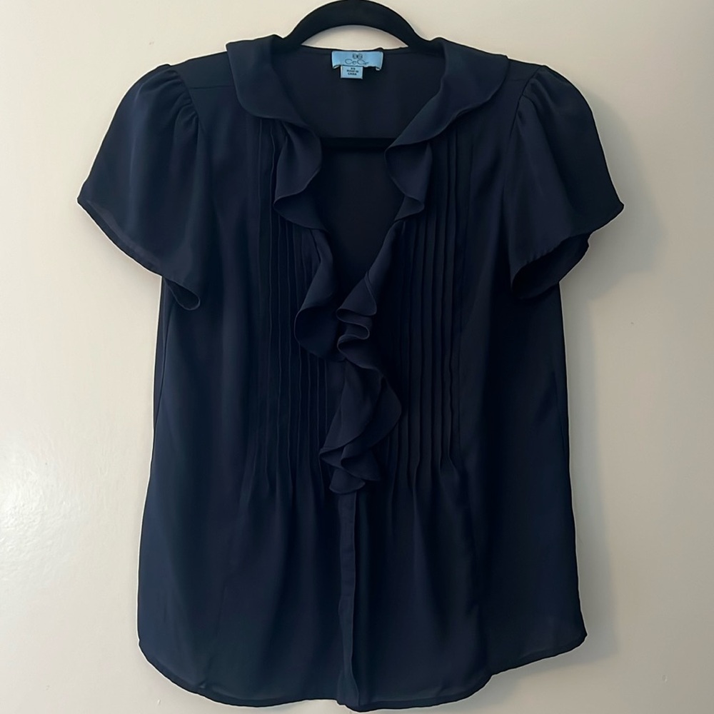 Cece Size XS Sheer & Ruffle Short Sleeve Blouse